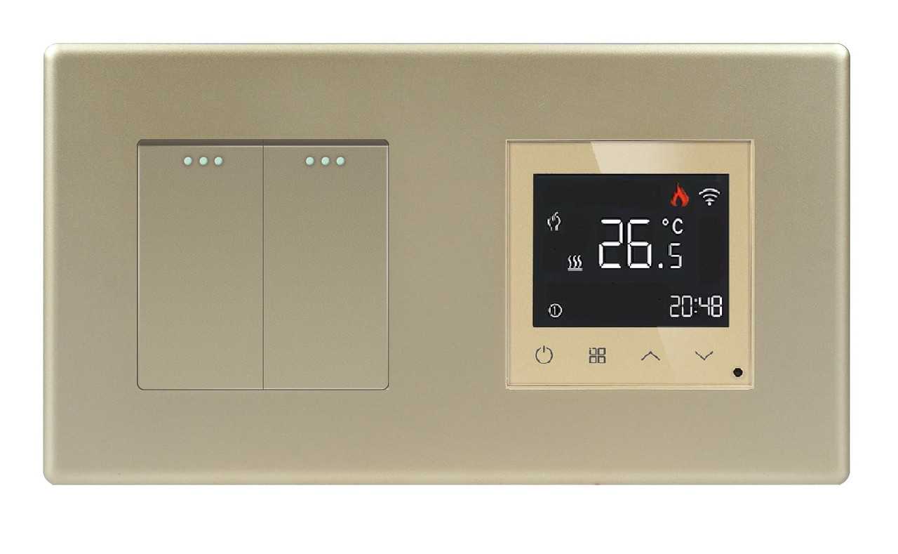 Wi-Fi регулятор теплої підлоги + Вимикач 2 клавіші 1DAL | Золото (P157-SW2G-TR.WF.GD), фото 1