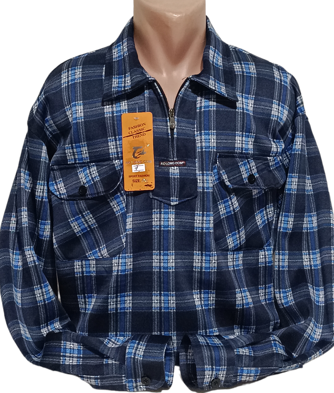 Чоловіча сорочка фланель з начосом AO LONG COM vd-0007 синя, тепла картата чоловіча сорочка на зиму XL