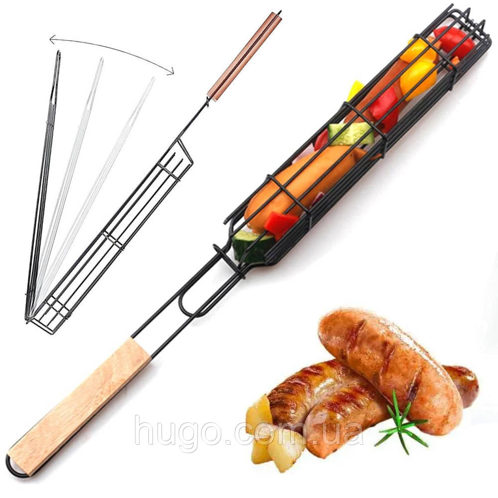 Сітка гриль для овочів 49см з дерев'яною ручкою / Решітка гриль для мангалу / Кошик-гриль для барбекю, фото 1