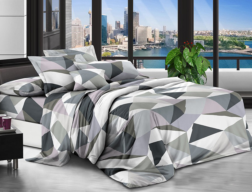 Сіра постільна тканина 220 см з геометричним принтом трикутники, Поліестер 75 синтетичний, рулон 80 м