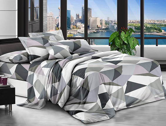 Сіра постільна тканина 220 см з геометричним принтом трикутники, Поліестер 75 синтетичний, рулон 80 м, фото 1