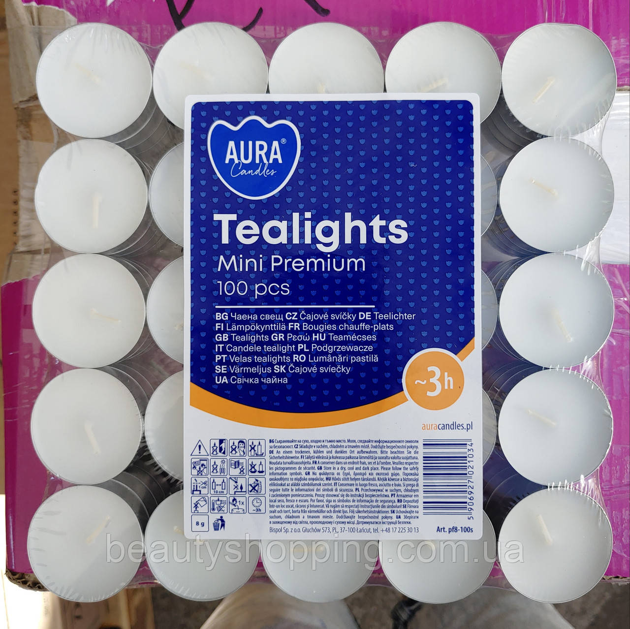 Свічки чайні декоративні Tealights 3 години згоряння 100 штук Aura Bispol Польща
