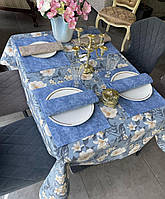 Скатерть тефлоновая хлопковая цветы бежевые серо голубая