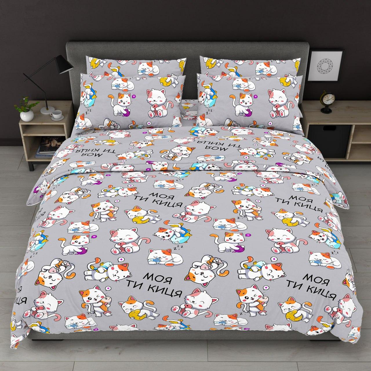 Простирадло 150х220 (Бязь) | Полуторне простирадло від виробника "Королева Ночі" | Коти на сірому, фото 1