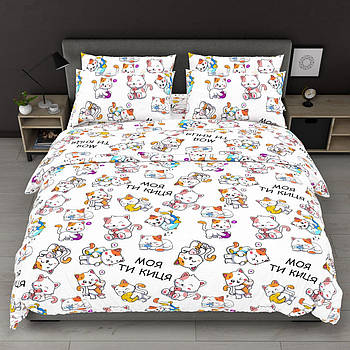 Простирадло 150х220 (Бязь) | Полуторне простирадло від виробника "Королева Ночі" | Коти на білому