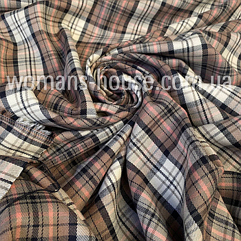 Костюмна тканина принт клітинка Білий з бежевим