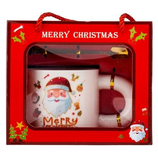 Новогодняя кружка с ложкой Happy Santa 300 мл в подарочной упаковке.