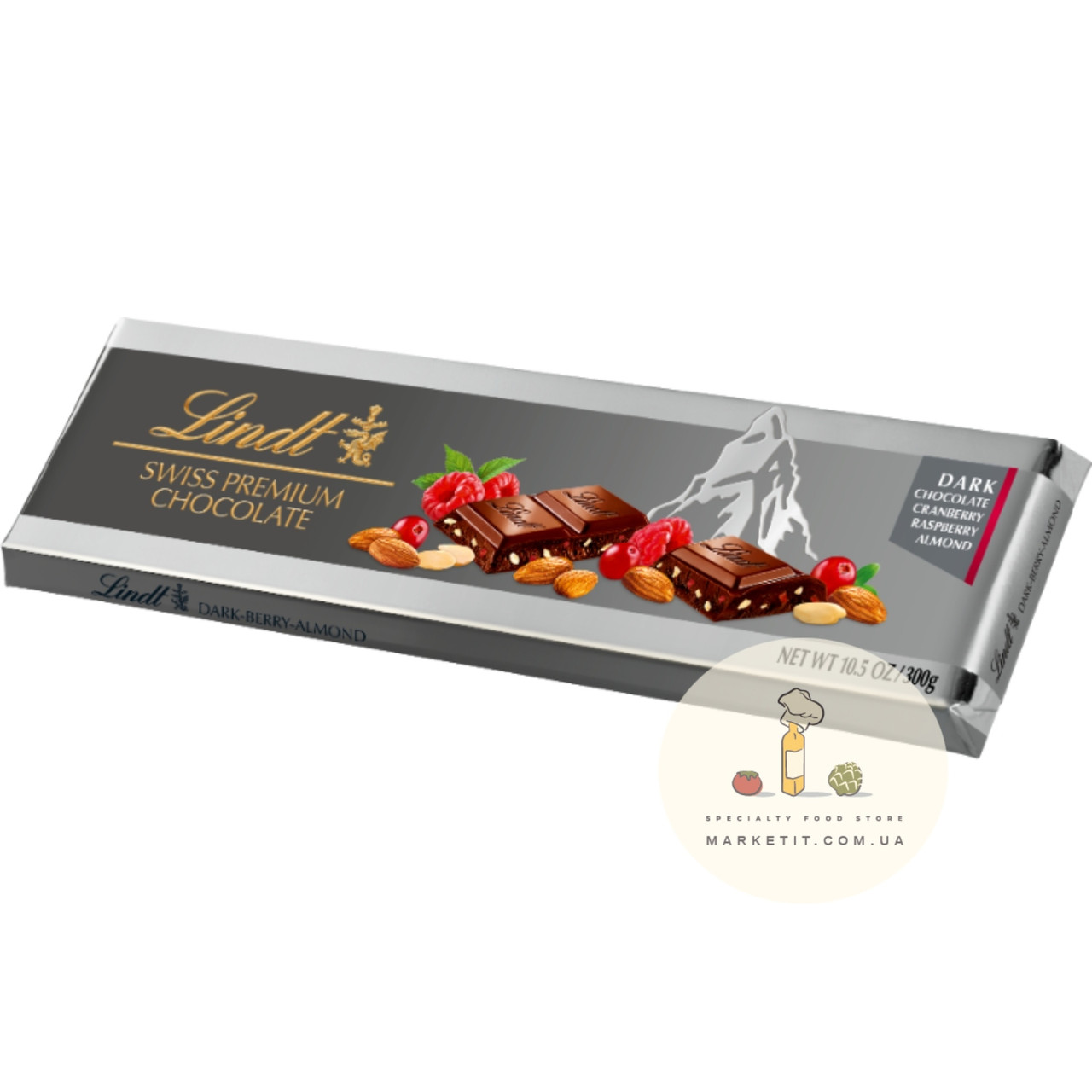 Чорний шоколад Lindt Swiss Premium, з малиною журавлиною та подрібненим мигдалем 300 г., фото 1