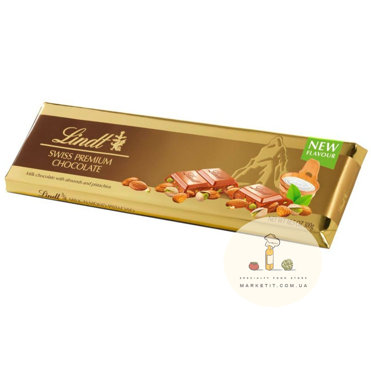 Молочний шоколад Lindt Swiss Premium, з цільними фісташкою та мигдалем 300 г.