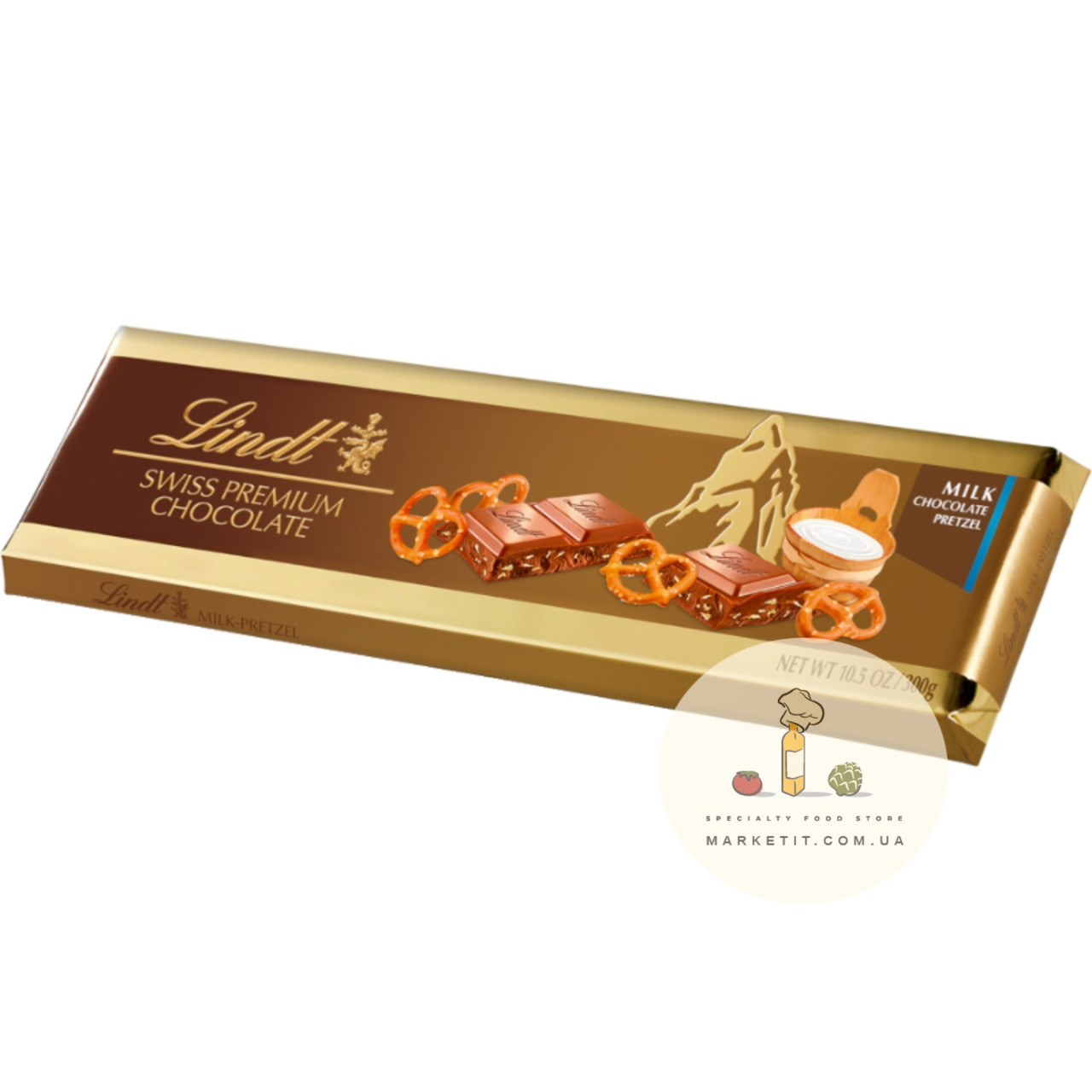 Молочний шоколад Lindt Swiss Premium Pretzel, із солоним печивом 300 г.