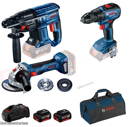 Набір інструментів Bosch Professional перфоратор GBH 180-LI + GSR 18V-50 + GWS 180-LI : з АКБ 2шт 18V 5.0Ah і з/п, фото 1