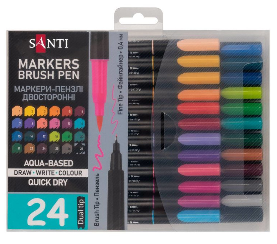 Набір акварельних маркерів Brush Pen 24 кольори двосторонні SANTI