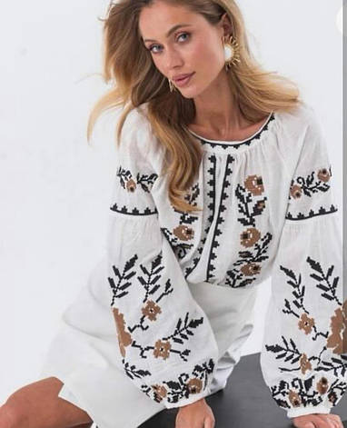 Жіноча вишиванка білого кольору з вишивкою гладь, з довгими рукавами розмір S, M, L, фото 1