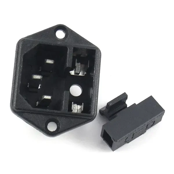 Штекер мережевий 3pin, монтажний, з запобіжником, без кришки, з вухами, корпус пластик