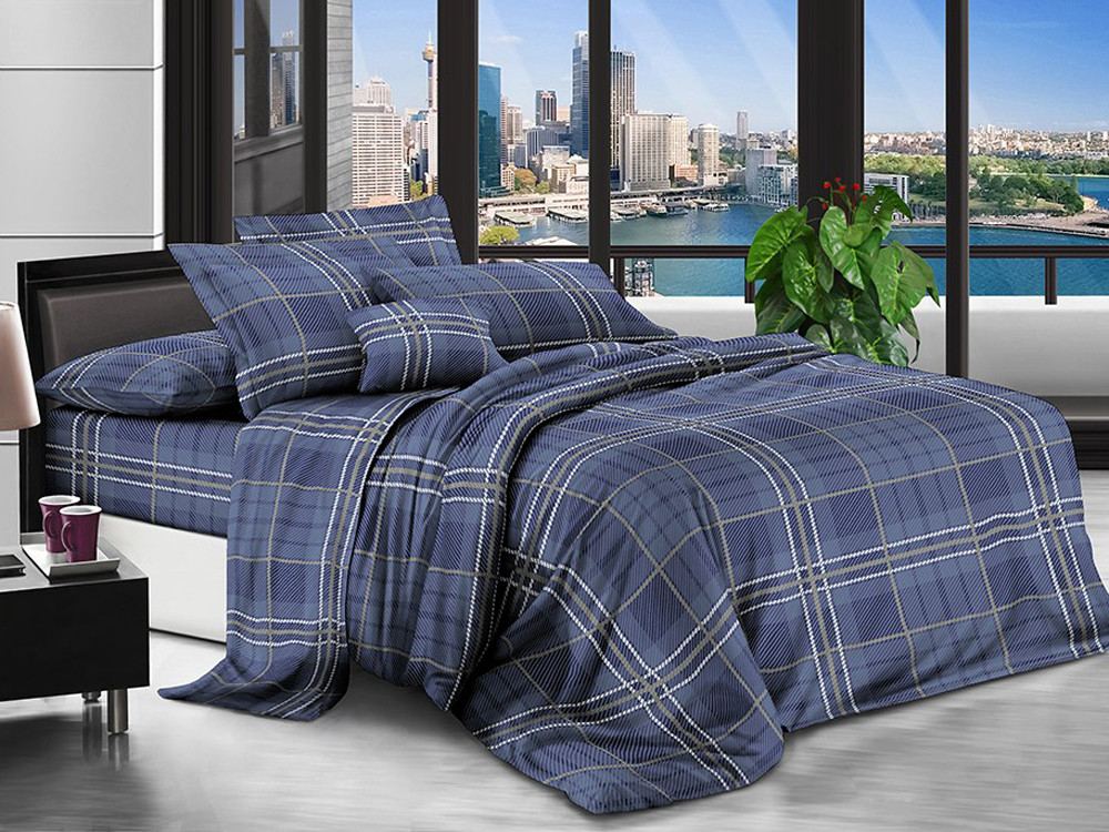 Синя постільна тканина 220 см з геометричним принтом у клітинку, Поліестер 75 синтетичний, рулон 80 м