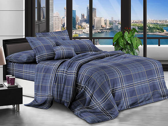 Синя постільна тканина 220 см з геометричним принтом у клітинку, Поліестер 75 синтетичний, рулон 80 м, фото 1