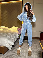 Женский велюровый комбез с капюшоном малина голубой розовый бежевый черный S-M M-L