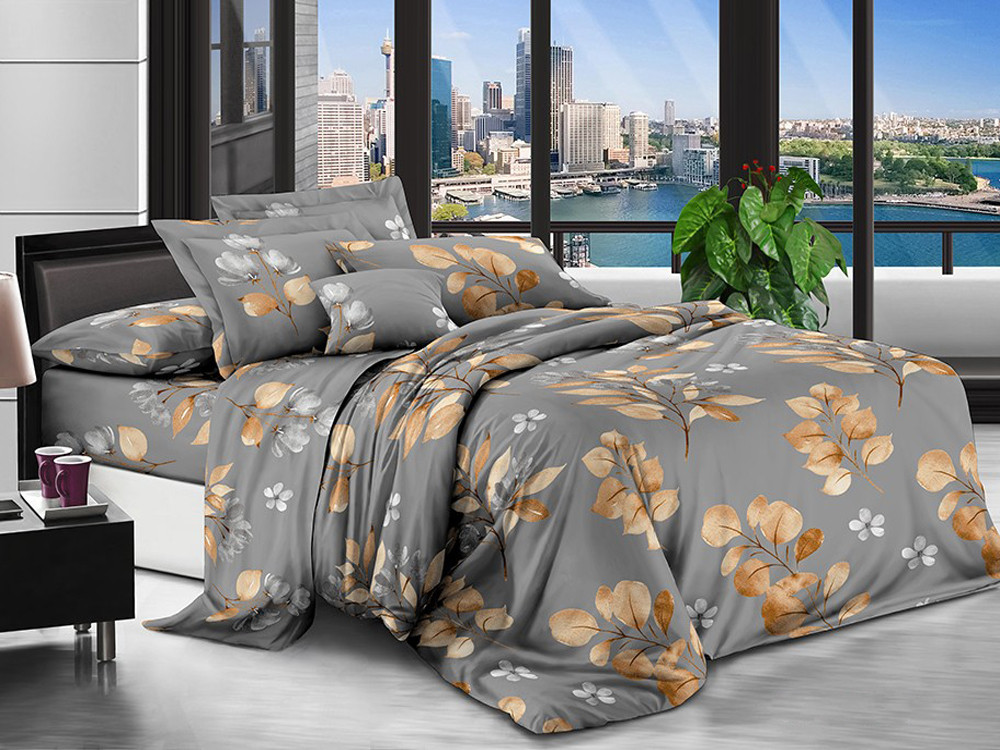 Темна сіра постільна тканина 220 см із принтом листя, 100% Поліестер 75 синтетичний, рулон 80 м