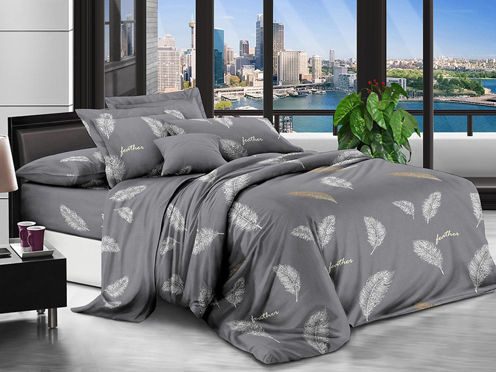 Синтетична постільна тканина 220 см сірого кольору з принтом пір'я, Поліестер 75, рулон 80 м
