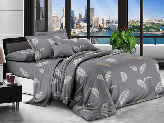 Синтетична постільна тканина 220 см сірого кольору з принтом пір'я, Поліестер 75, рулон 80 м, фото 1