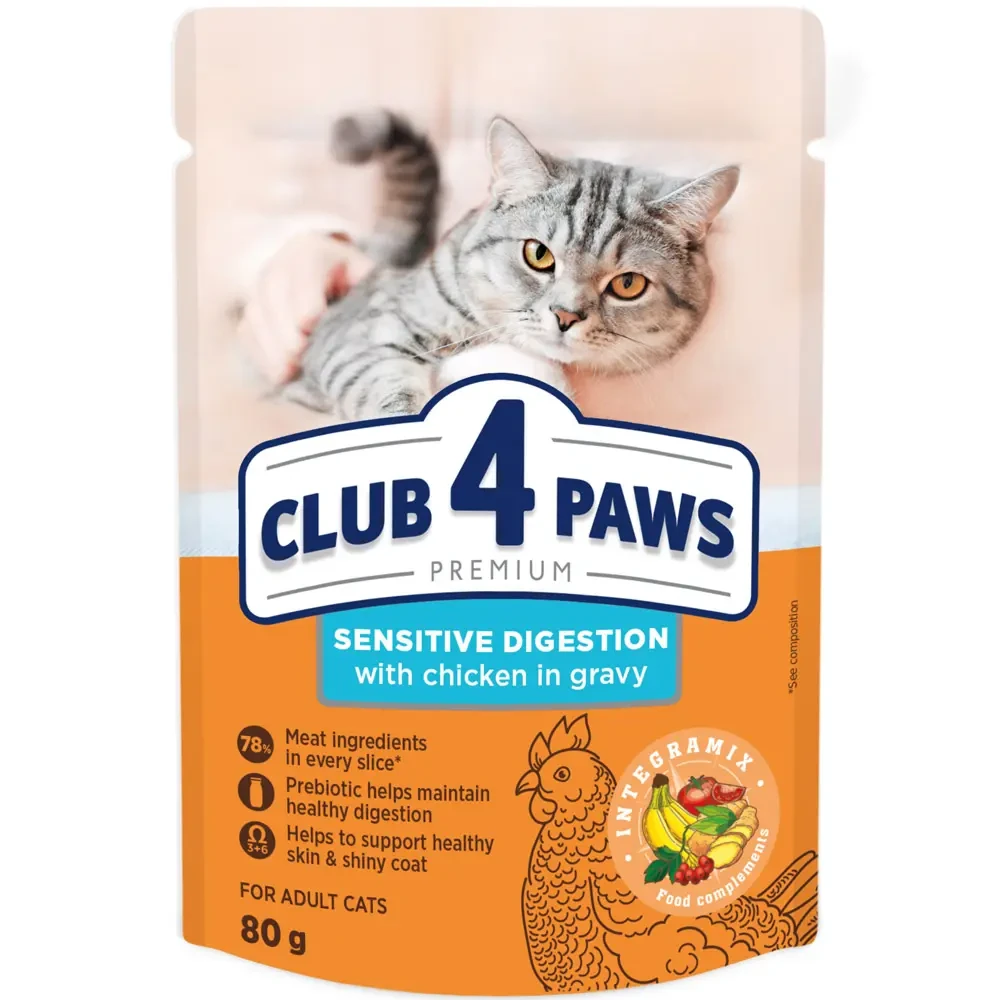 Вологий корм CLUB 4 PAWS Sensitive пауч для котів Чутливе травлення Курка в соусі Клуб 4 Лапи 80 г, фото 1