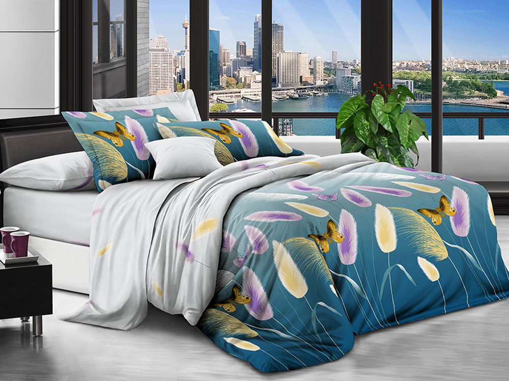 Постільна тканина синя 220 см з рослинним принтом і метеликами, 100% Поліестер 75 синтетичний, рулон 80 м