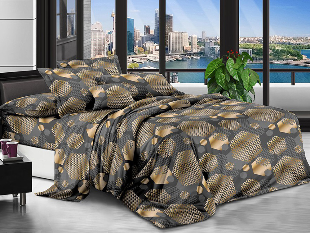 Темна постільна тканина 220 см принт геометрія стільники на сірому, Поліестер 75 синтетичний, рулон 80 м