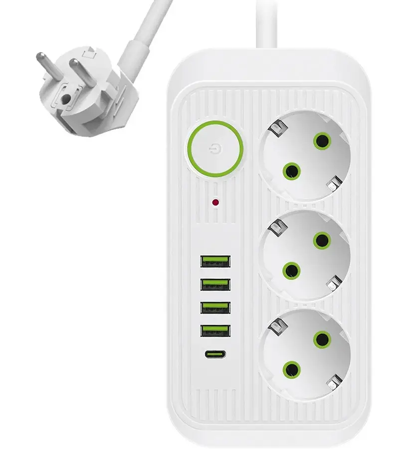 Мережевий фільтр F09U на 3 розетки + 4 USB + Type C 2500 Вт кабель на 2 м White
