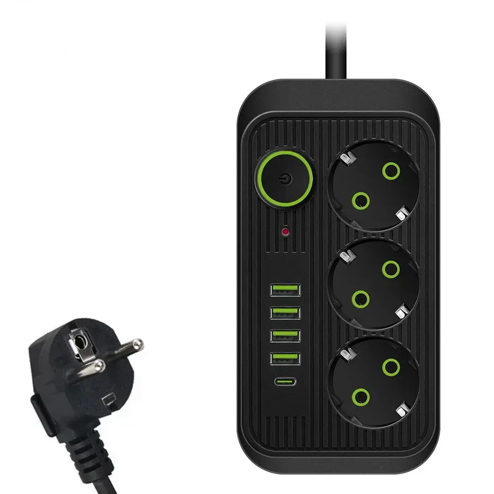 Мережевий фільтр F09U на 3 розетки + 4 USB + Type C 2500 Вт кабель на 2 м Black