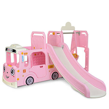 Пластикова дитяча гірка з гойдалкою у вигляді Будиночка з машиною з баскетбольним кільцем Bambi WM19090-8 Рожевий