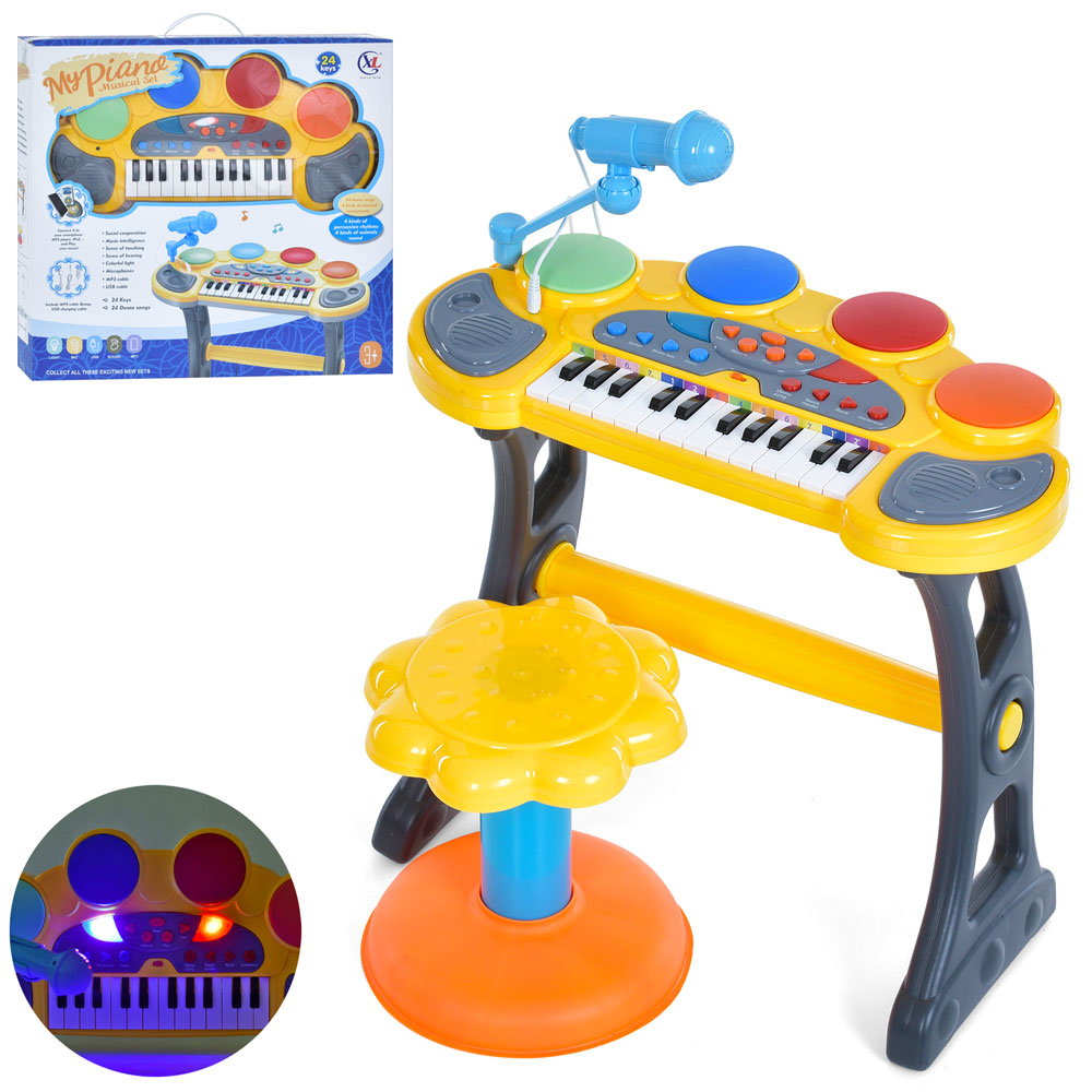 Дитячий ігровий синтезатор (піаніно) на ніжках зі стільчиком та барабанами (звук, світло), MP3, 6634A, фото 1