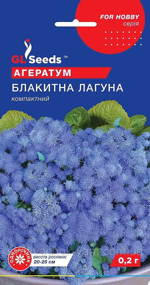 Агератам Блакитна Лагуна компактної кулястої форми дощовостійкий, упаковка 0.1 г