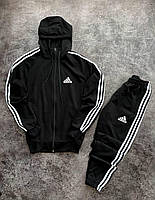 Чоловічий чорний спортивний костюм Adidas з лампасами осінь весна, Костюм Адідас чорний на блискавці Кофта та Штани