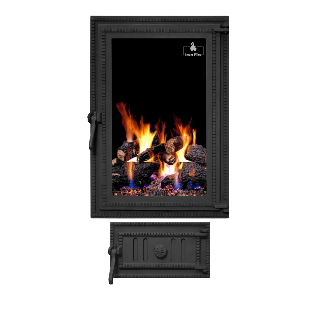 Комплект чавунні дверцята з вогнетривким склом Iron Fire Brown 440x640 мм + піддувальні 315х180 мм
