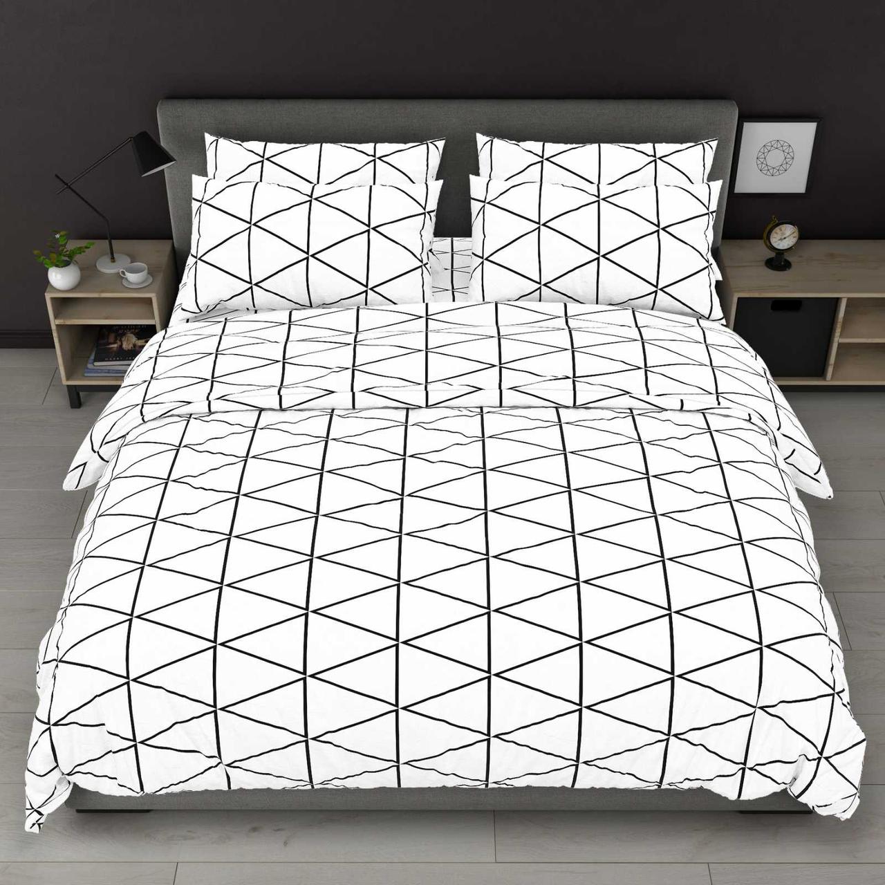 Простирадло 150х220 (Бязь) | Полуторне простирадло від виробника "Королева Ночі" | Абстракція з трикутниками на білому, фото 1