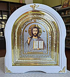Вінчальні Ікони під срібло #1в білому дерев'яному арковому кіоті під склом,розмір кіота 28*25,сюжет 15*18, фото 4