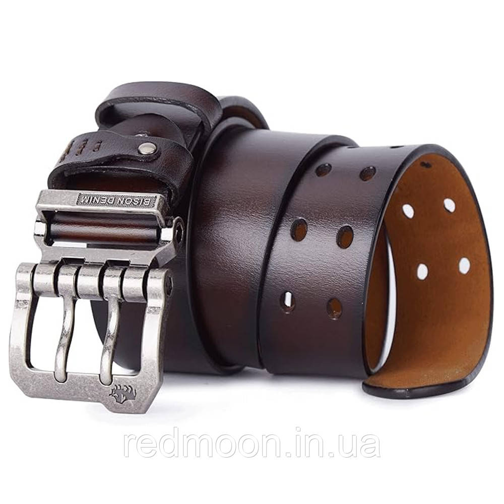 Чоловічий ремінь з натуральної шкіри, 125см, Bison, Коричневий / Поясний ремінь шкіряний / Ремінь з двома язичками, фото 1