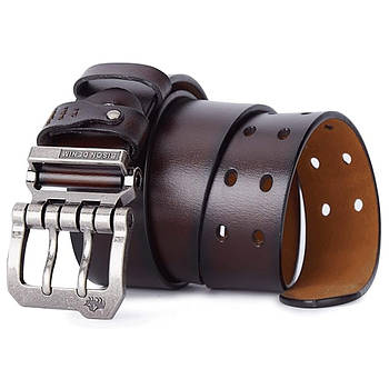 Чоловічий ремінь з натуральної шкіри, 125см, Bison, Коричневий / Поясний ремінь шкіряний / Ремінь з двома язичками