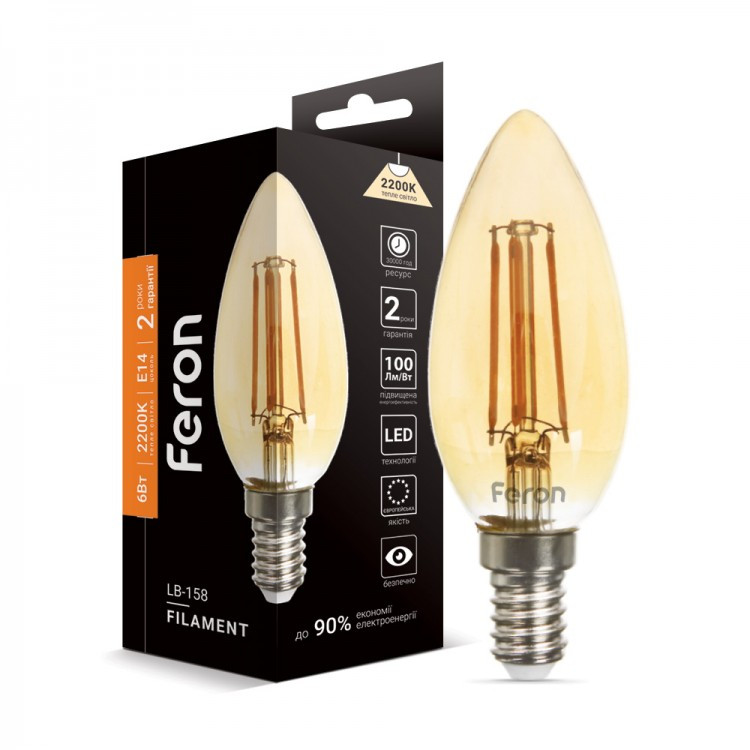 Світлодіодна LED-лампа "свічка" Feron Filament LB-158 6 W E14 2200 K золото
