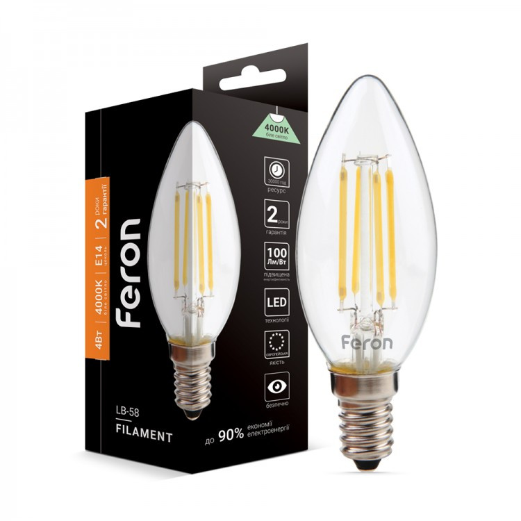 Світлодіодна LED-лампа "свічка" Feron Filament LB-58 4 W E14 4000 K