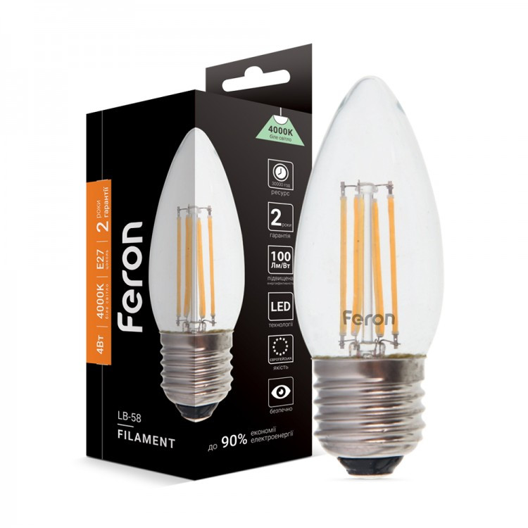 Світлодіодна LED-лампа "свічка" Feron Filament LB-58 4 W E27 4000 K