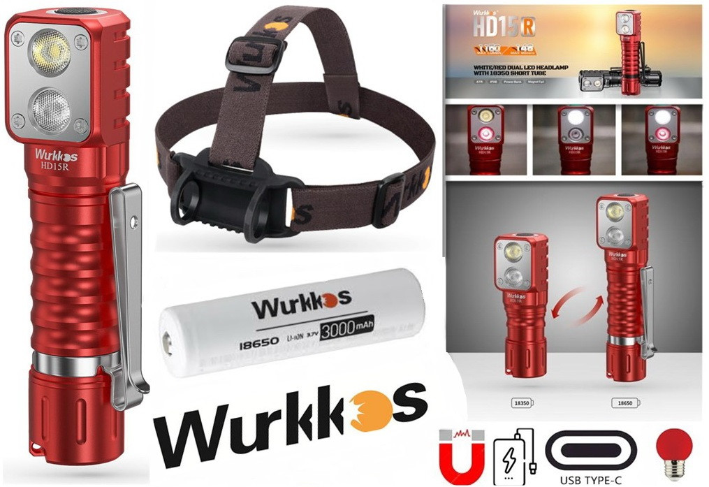 Налобний ліхтар WURKKOS HD15R з Червоним світлом + Акумулятор 3000mAh (1150LM, 5000k, USB-C 2A, Магніт, 18650, Power Bank) RED