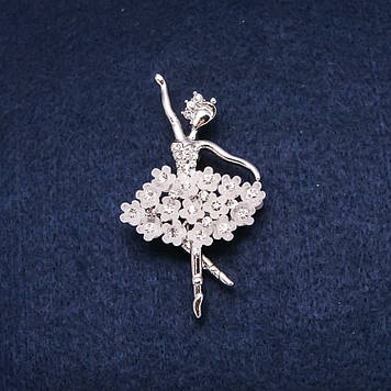 Брошка Балерина 34х55мм стрази колір білий метал сріблястий