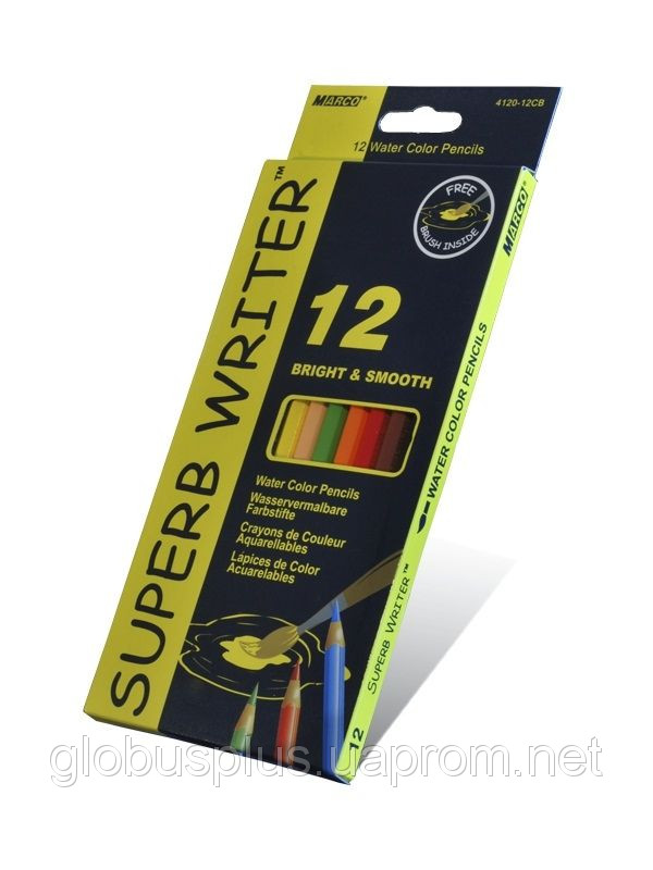 Олівці кольорові 12 кольорів MARCO 4120-12CB Superb Writer Aquarelle, акварельні з пензликом, фото 1