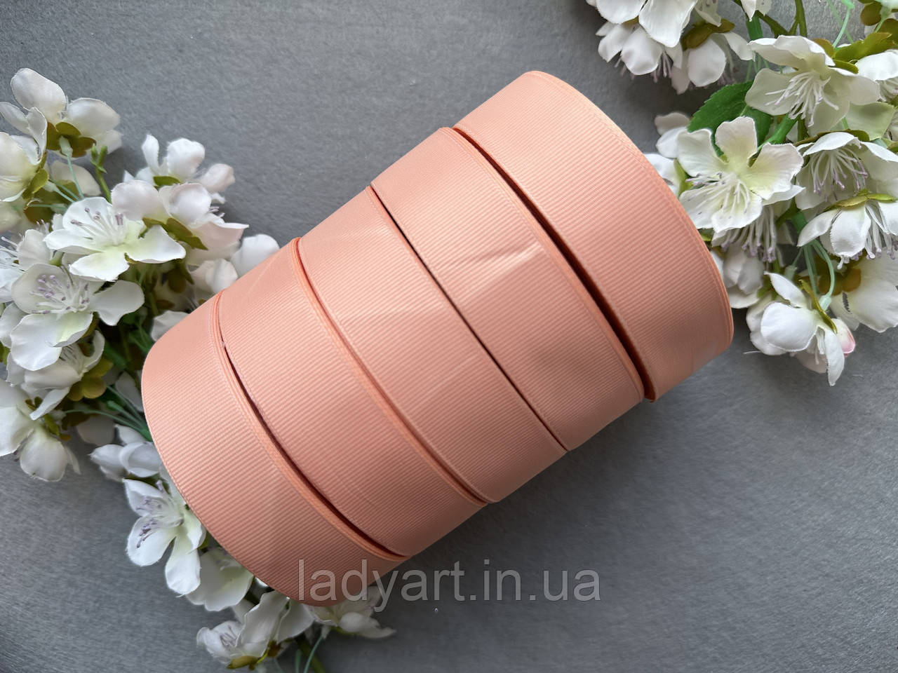 Стрічка репсова 2,5 см, 25 ярд оптом 5 рулонів персикового (petal peach) кольору блоком