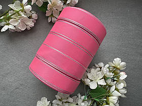 Стрічка репсова з люрексом 2,5 см, 25 ярд оптом 5 рулонів рожевого (hot pink) кольору блоком