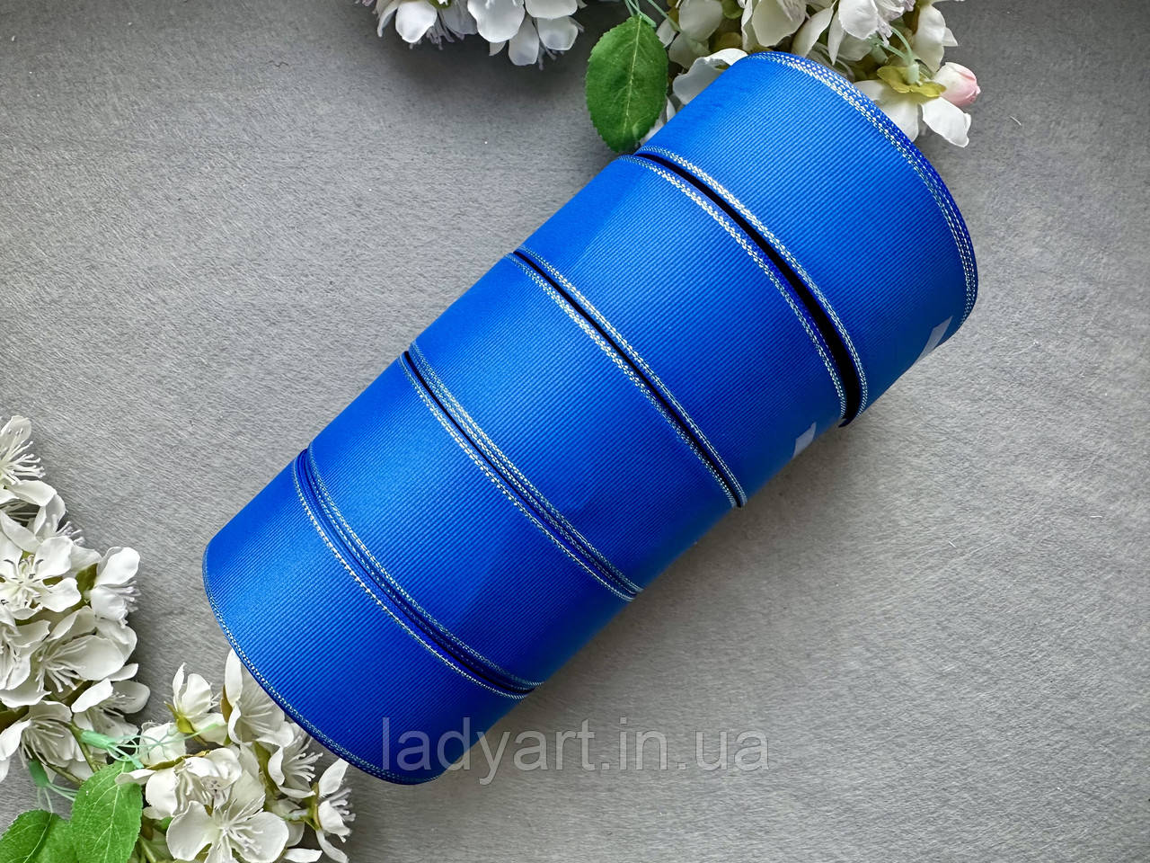 Стрічка репсова з люрексом 4 см, 25 ярд оптом 5 рулонів синього (electric blue) кольору блоком