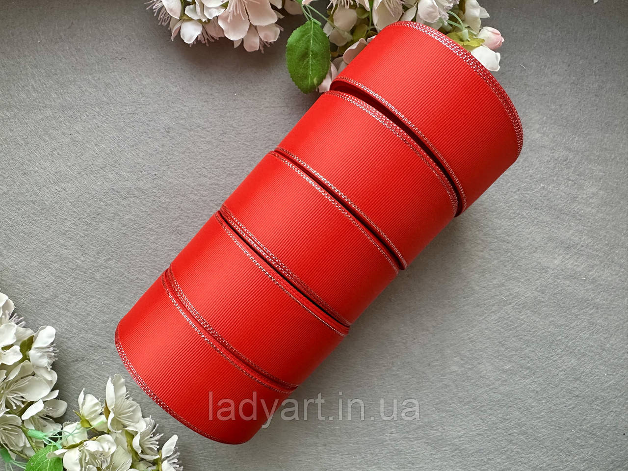 Стрічка репсова з люрексом 4 см, 25 ярд оптом 5 рулонів червоного (poppy red) кольору блоком