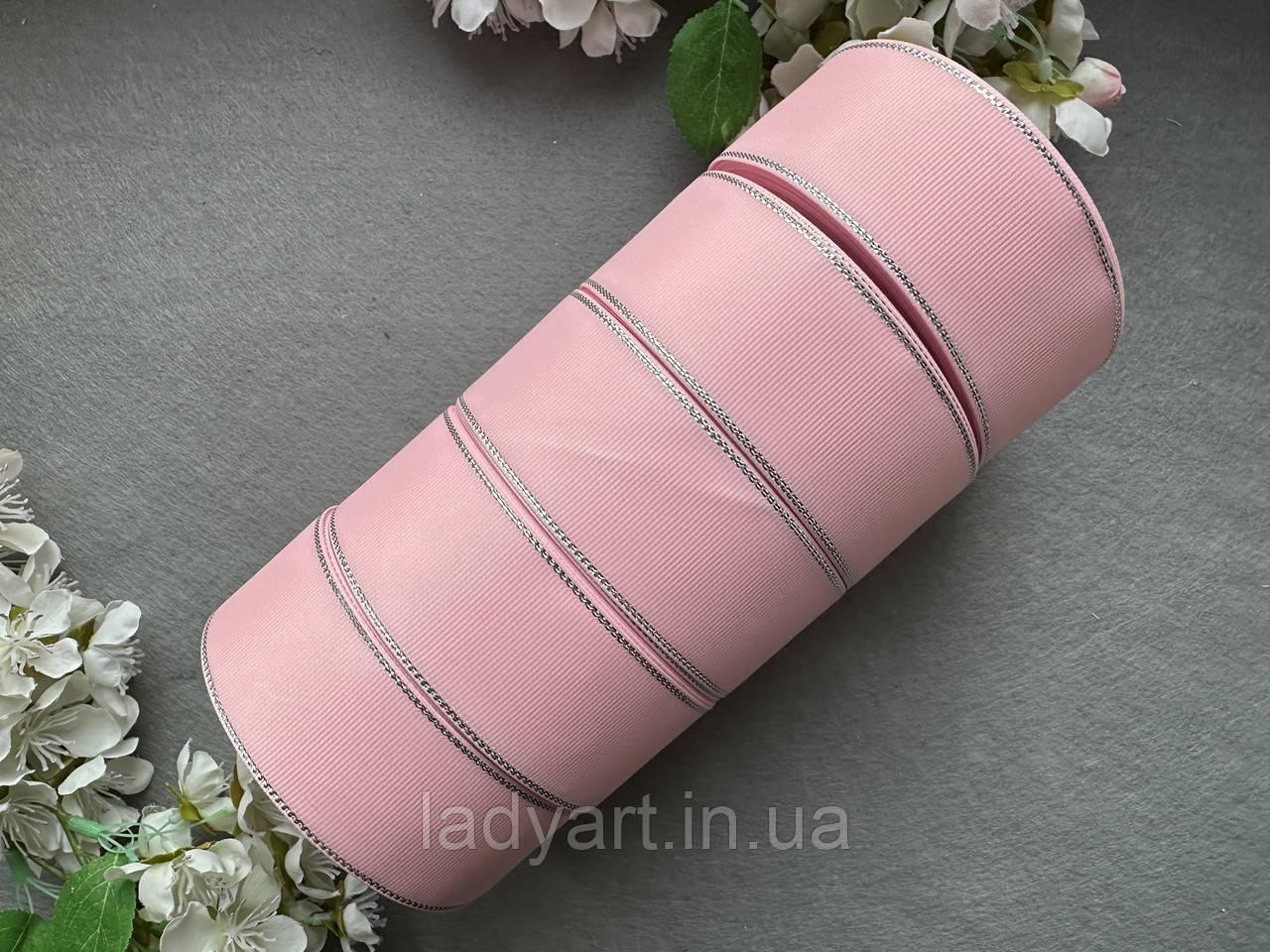 Стрічка репсова з люрексом 4 см, 25 ярд оптом 5 рулонів ніжно-рожевого (pearl pink) кольору блоком