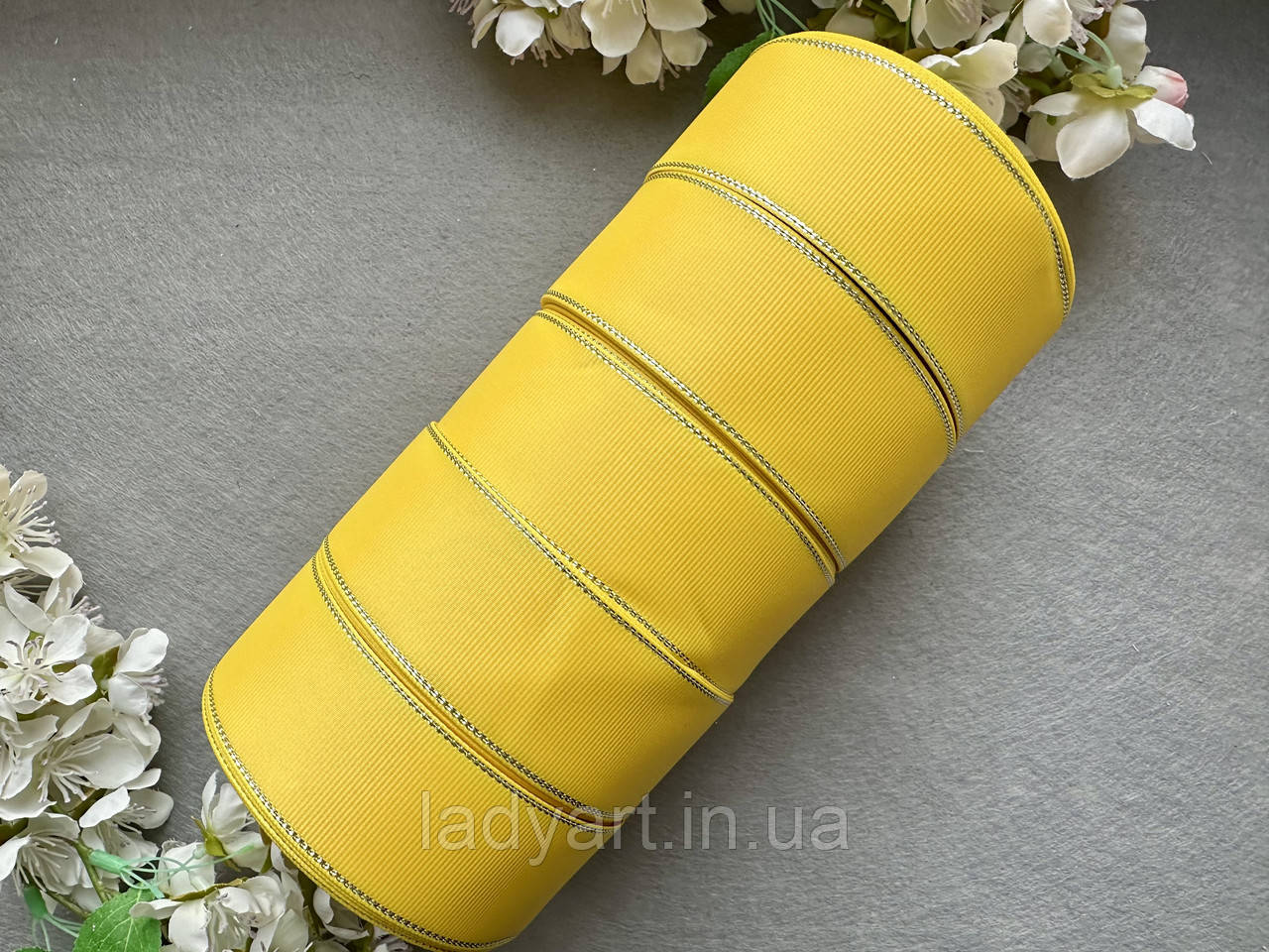 Стрічка репсова з люрексом 4 см, 25 ярд оптом 5 рулонів жовтого (daffodil) кольору блоком